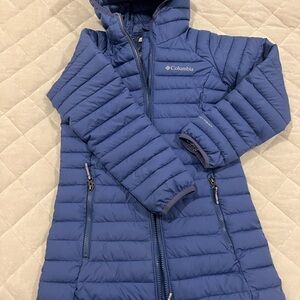 Blue long hooded girls Columbia winter coat size small (7/8)